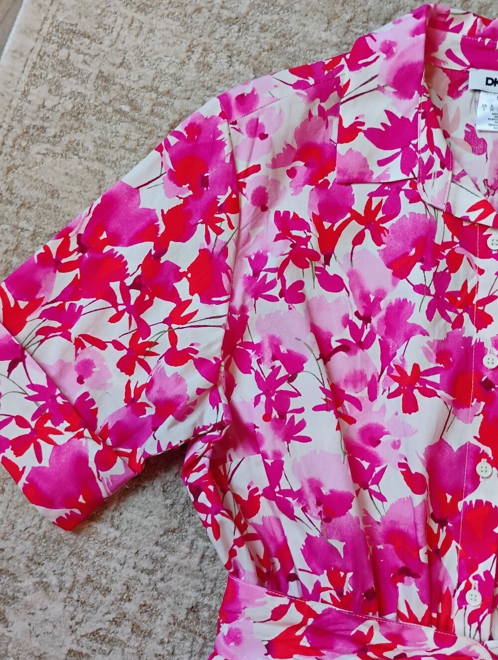 NWT 4 DKNY Pink And Red Floral Short Sleeve Midi Full Skirt Shirt Dress NEW - Picture 5 of 12
